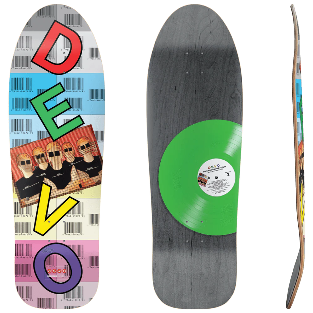 DEVO Duty Now For The Future 9.75 inch skateboard deck with barcode collage graphic and bold DEVO lettering offered by Eastern Skateboard Supply