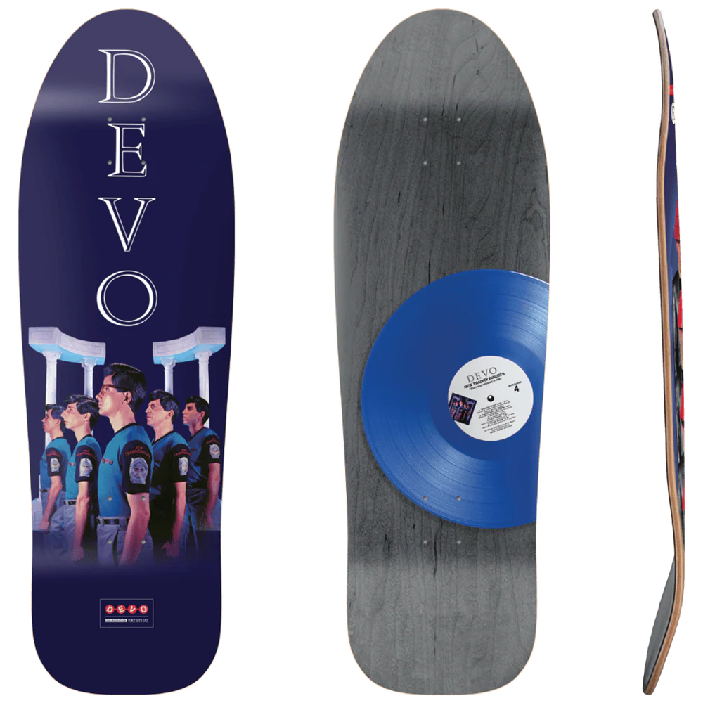 DEVO Oh No It’s Devo 9.75 skateboard deck featuring band photo artwork and blue vinyl record graphic offered by Eastern Skateboard Supply