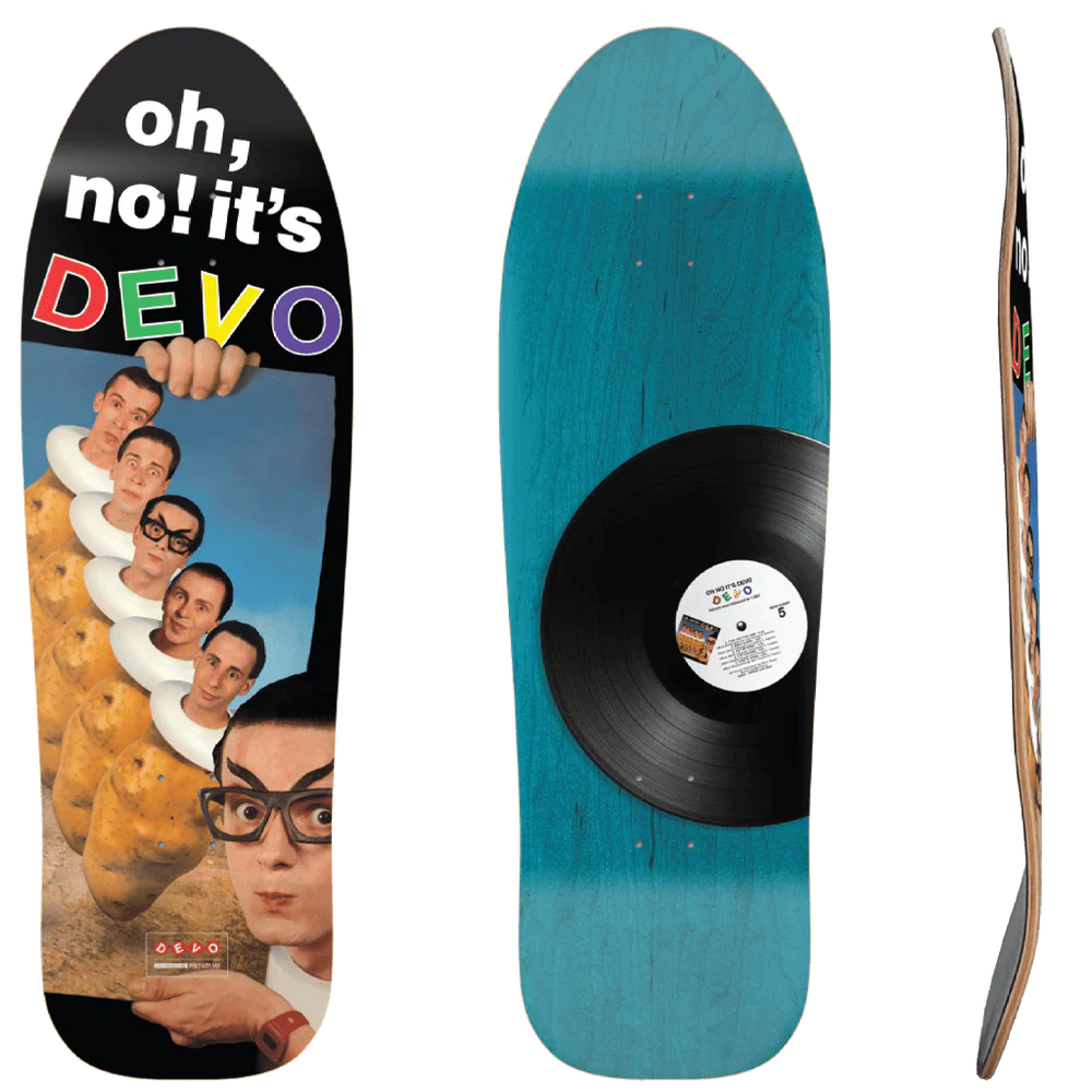 DEVO Oh No It’s Devo 9.75 skateboard deck featuring band photo artwork and black vinyl record graphic offered by Eastern Skateboard Supply