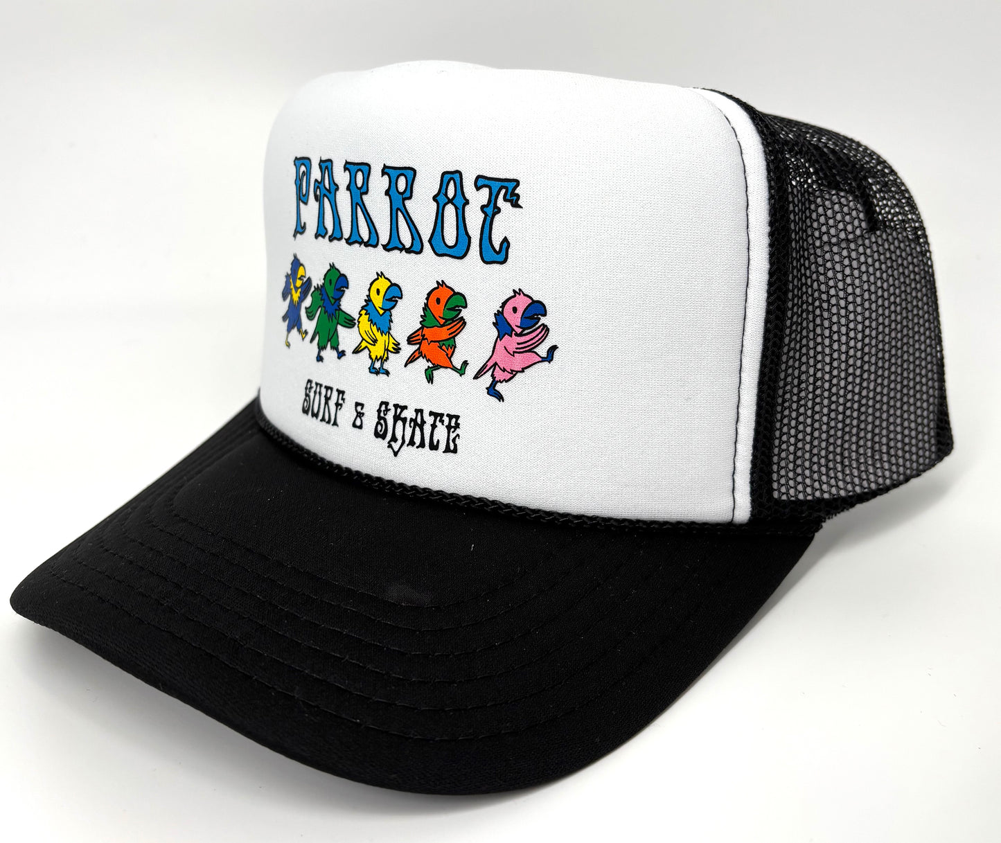 White and black Dancing Parrot foam trucker cap with colorful logo and mesh back