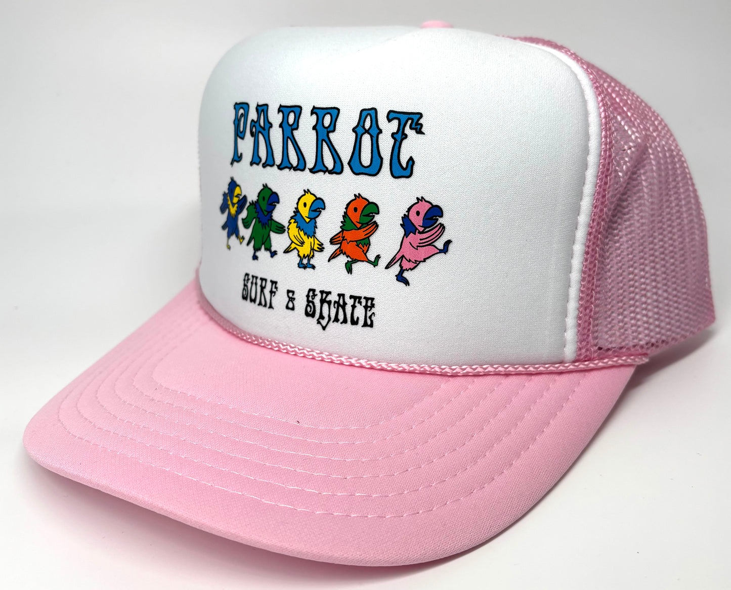 White and Pink Dancing Parrot foam trucker cap with colorful logo and mesh back