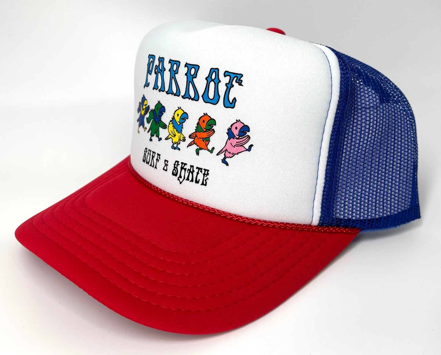 White and Red Dancing Parrot foam trucker cap with colorful logo and mesh back
