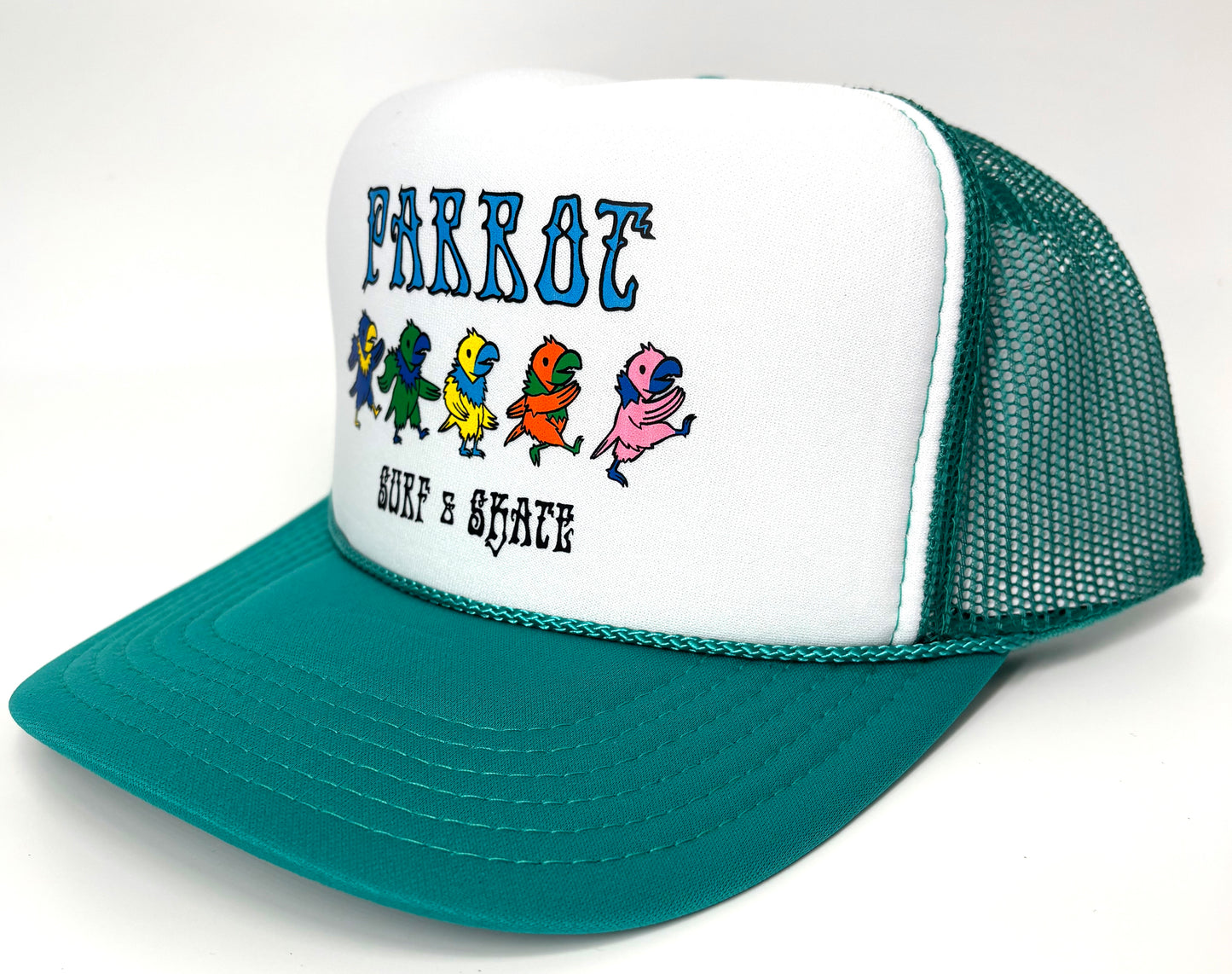 White and Green Dancing Parrot foam trucker cap with colorful logo and mesh back