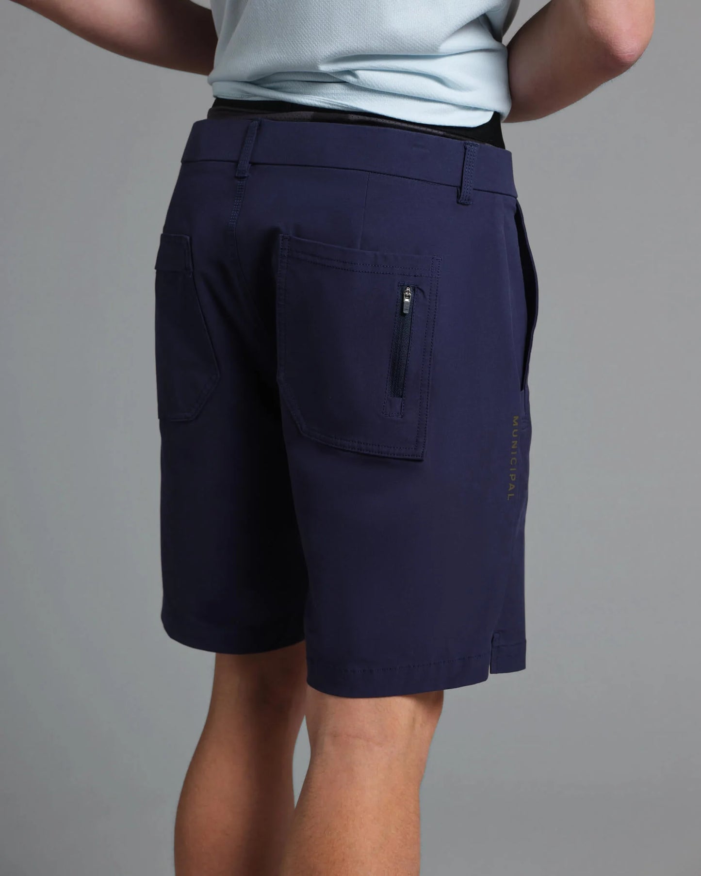 Municipal AllShort navy stretch shorts back view tailored fit