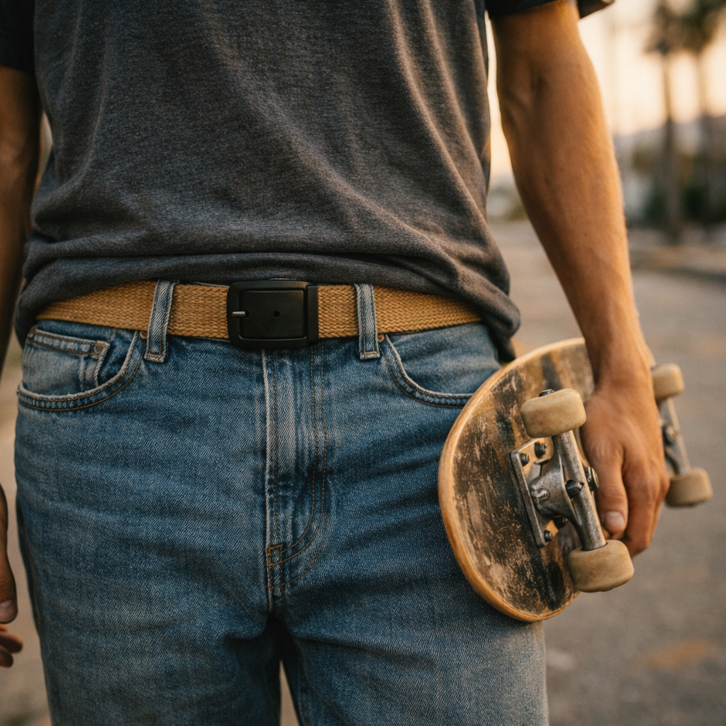 A close-up of a belt detail on denim while holding a skateboard, capturing the vibe of Parrot Surf & Skate in Mount Pleasant, South Carolina.