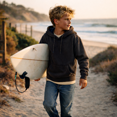 Un niño caminando por un hermoso paseo marítimo con pantalones casuales, encarnando el espíritu de Parrot Surf & Skate en Mount Pleasant, Carolina del Sur.