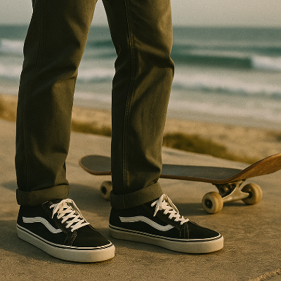 Un patinador luce elegantes zapatillas de skate en un lugar costero de Mount Pleasant, Carolina del Sur. Parrot Surf & Skate se dedica a la cultura del surf.