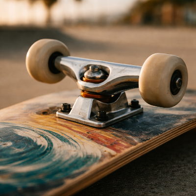 Esta imagen muestra a un patinador ajustando los ejes de su patineta en un lugar de patinaje, capturando la esencia de Parrot Surf & Skate en Mount Pleasant, Carolina del Sur.