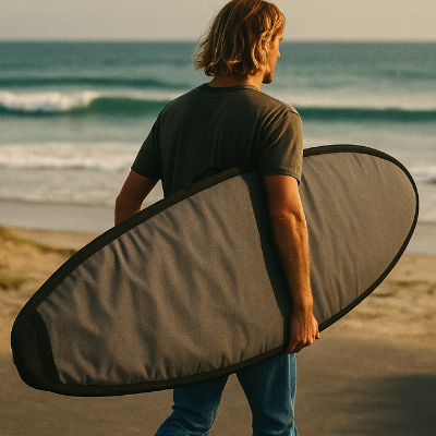 Un surfista lleva una bolsa de tabla de surf en un camino de acceso a la playa, capturando la esencia de Parrot Surf & Skate en Mount Pleasant, Carolina del Sur.