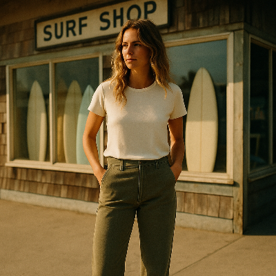 Explore stylish women's pants at Parrot Surf & Skate in Mount Pleasant, South Carolina, capturing the essence of coastal surf culture and relaxed fashion.