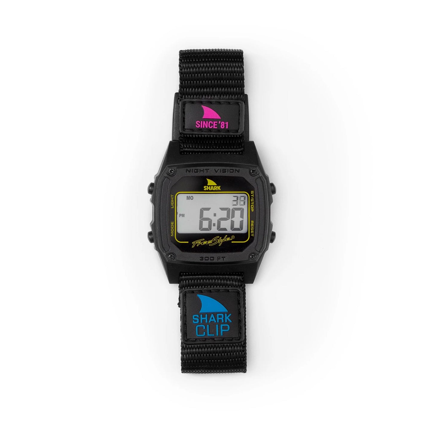 Freestyle Shark Classic Clip Since ’81 Primary Black nylon clip band and watch detail