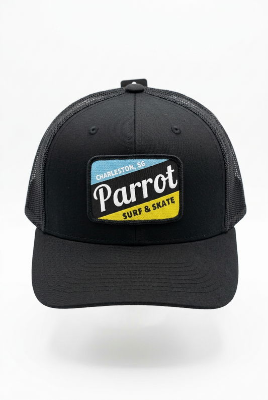 Parrot Surf & Skate 112 Work Blue Patch Trucker Hat in Black, front view - Parrot gear