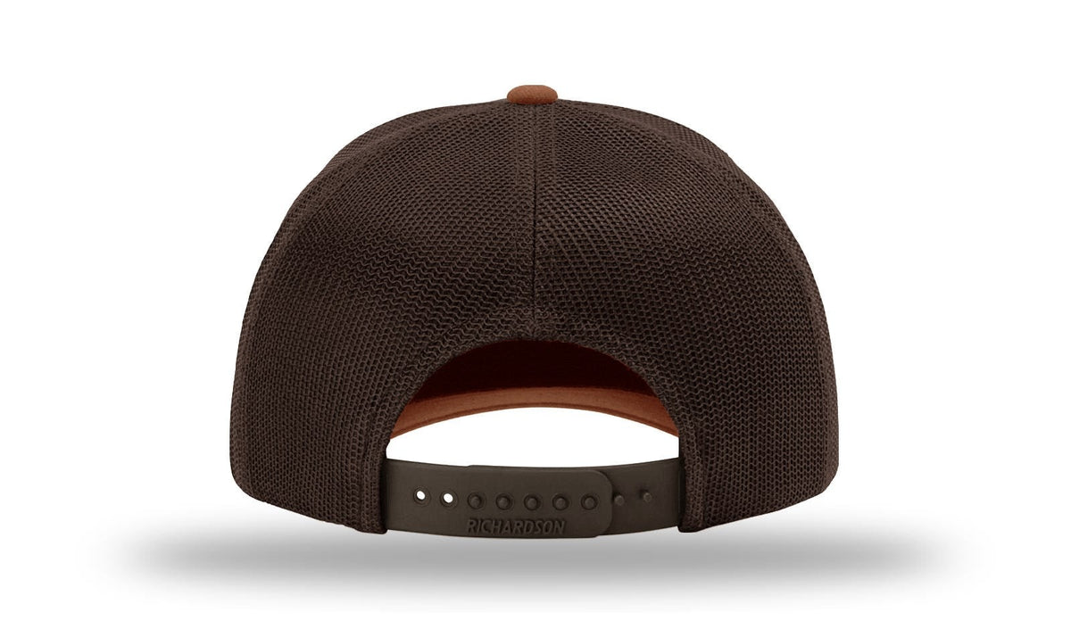 Parrot Surf & Skate 112LN Indian Trucker hat in Autumn/Brown with leather Indian patch, back view - Parrot gear