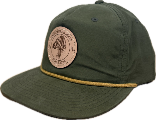 Parrot Surf & Skate 256 Indian Rope hat in Umpqua Loden with gold rope and leather Indian patch, side view - Parrot gear