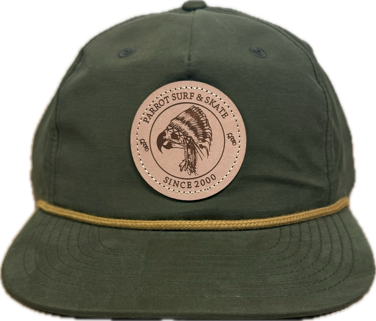 Parrot Surf & Skate 256 Indian Rope hat in Umpqua Loden with gold rope and leather Indian patch, front view - Parrot gear