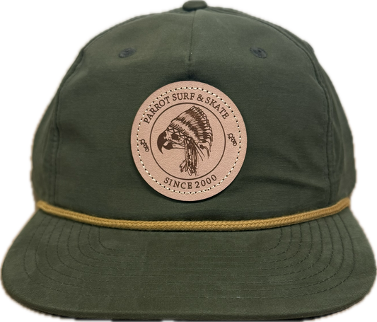 Parrot Surf & Skate 256 Indian Rope hat in Umpqua Loden with gold rope and leather Indian patch, front view - Parrot gear