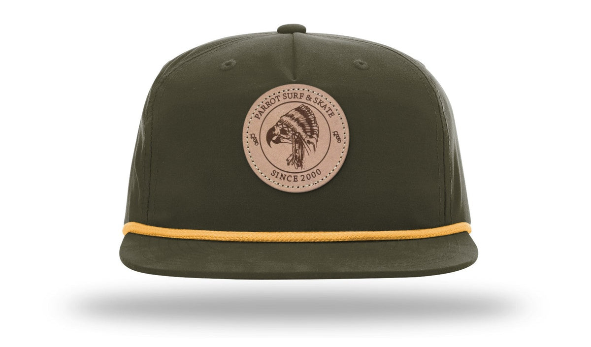 Parrot Surf & Skate 256 Indian Rope hat in Umpqua Loden with gold rope with leather Indian patch, front view - Parrot gear