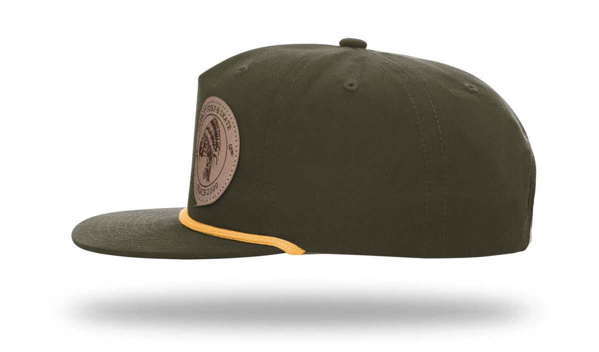 Parrot Surf & Skate 256 Indian Rope hat in Umpqua Loden with gold rope with leather Indian patch, side profile view - Parrot gear