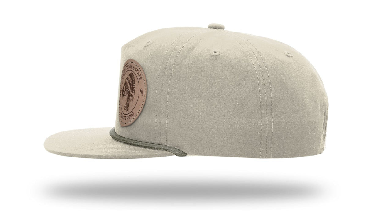 Parrot Surf & Skate 256 Indian Rope hat in Umpqua Sand Dune with loden rope with leather Indian patch, side profile view - Parrot gear