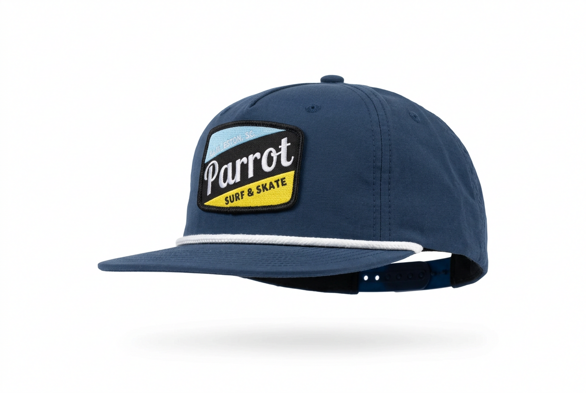 Parrot Surf & Skate 256 Work Blue Patch Rope Hat in Navy with white rope, side view - Parrot gear