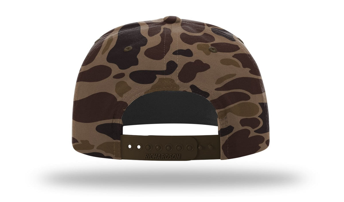 Parrot Surf & Skate 256P Indian Rope hat in Bark Duck Camo with brown rope with leather Indian patch, back view - Parrot gear