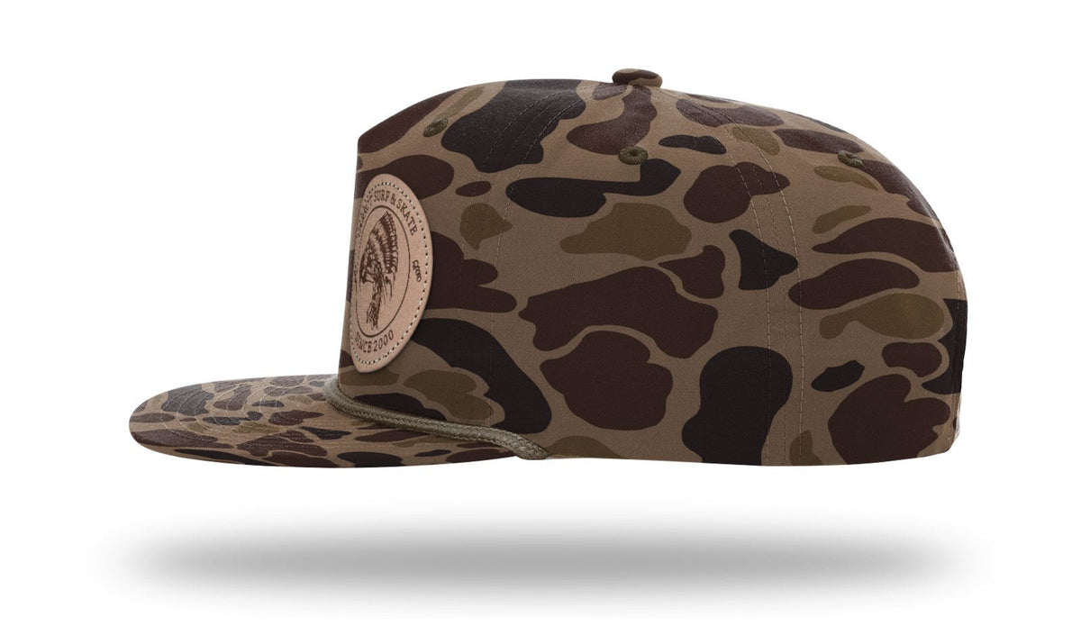 Parrot Surf & Skate 256P Indian Rope hat in Bark Duck Camo with brown rope with leather Indian patch, side profile view - Parrot gear