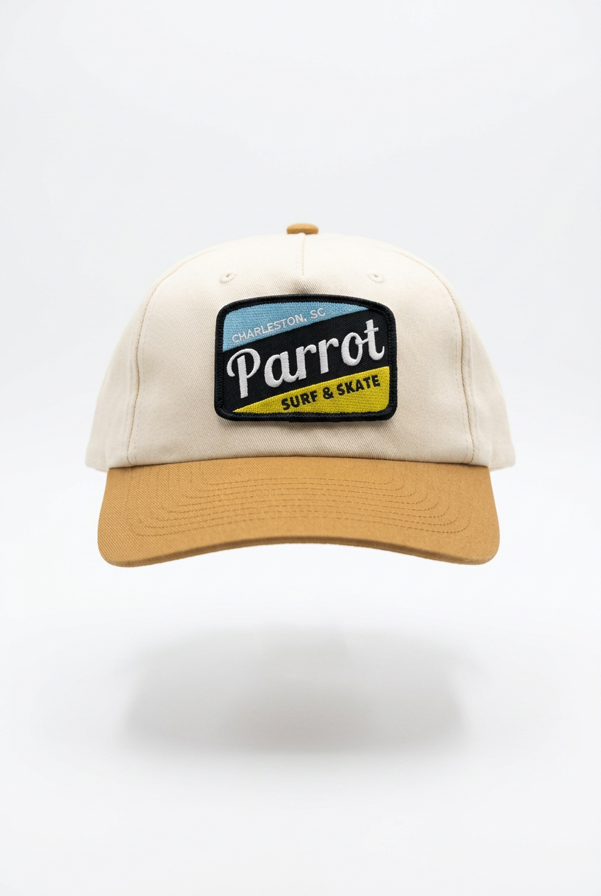 Parrot Surf & Skate 356 Work Blue Patch Hat in Cream/Wheat, front view - Parrot gear