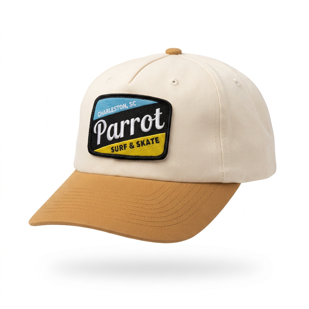 Parrot Surf & Skate 356 Work Blue Patch Hat in Cream/Wheat, side view with wheat brim - Parrot gear