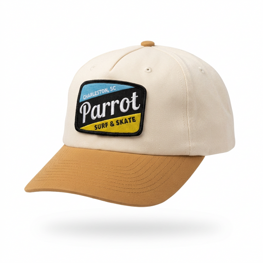 Parrot Surf & Skate 356 Work Blue Patch Hat in Cream/Wheat, side view with wheat brim - Parrot gear