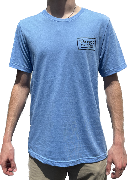 Parrot Surf & Skate Indian Tee in Carolina Blue, front view with boxed Parrot left-chest logo - Parrot gear