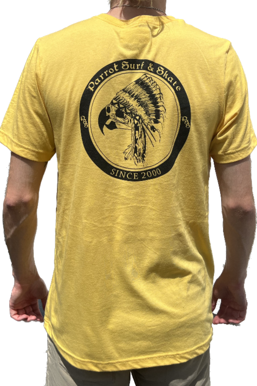 Parrot Surf & Skate Indian Tee in Heather Yellow, back view with Indian chief parrot Since 2000 graphic - Parrot gear