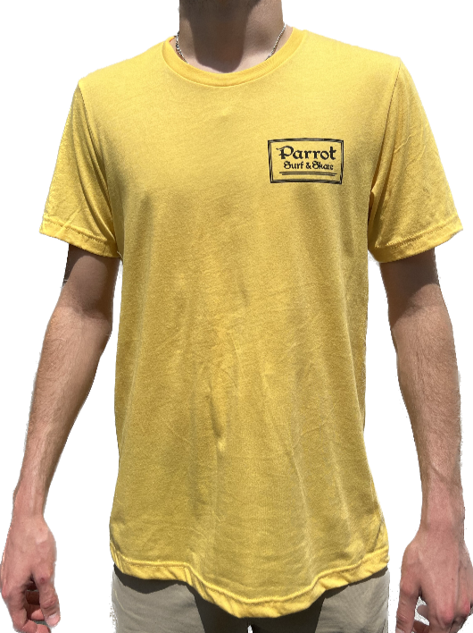 Parrot Surf & Skate Indian Tee in Heather Yellow, front view with boxed Parrot left-chest logo - Parrot gear