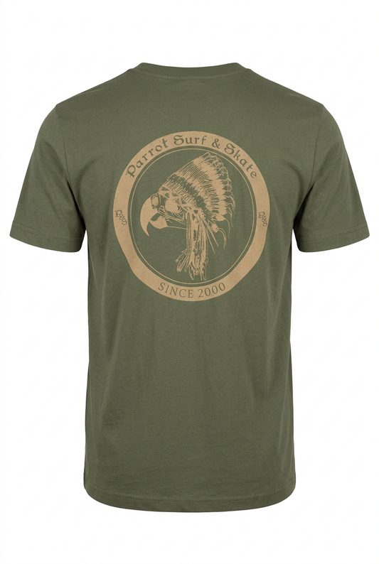 Parrot Surf & Skate Indian Tee in Military Green, back view with Indian chief parrot Since 2000 graphic - Parrot gear