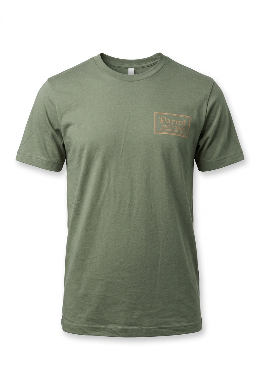 Parrot Surf & Skate Indian Tee in Military Green, front view with boxed Parrot left-chest logo - Parrot gear
