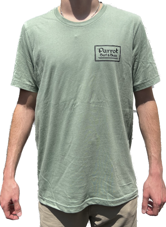 Parrot Surf & Skate Indian Tee in Sage, front view with boxed Parrot left-chest logo - Parrot gear