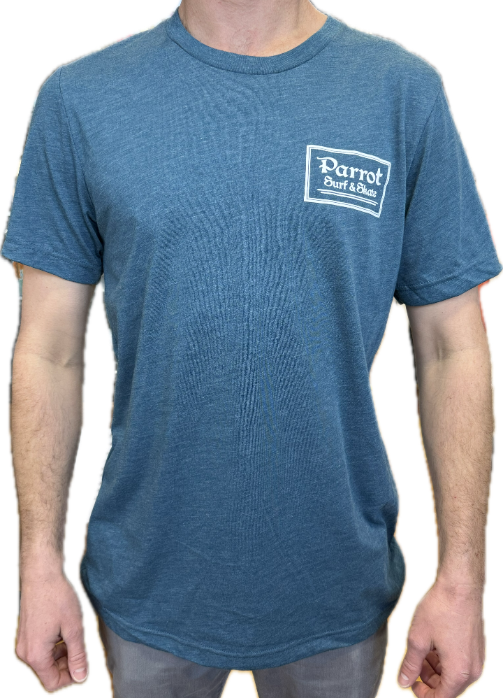 Parrot Surf & Skate Indian Tee in Steel Blue, front view with boxed Parrot left-chest logo - Parrot gear