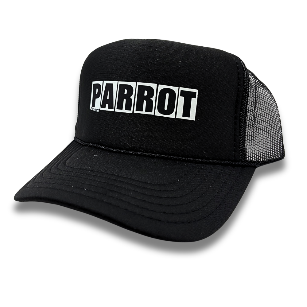 Parrot Bar Trucker Hat with Parrot Surf & Skate logo foam front and rope detail