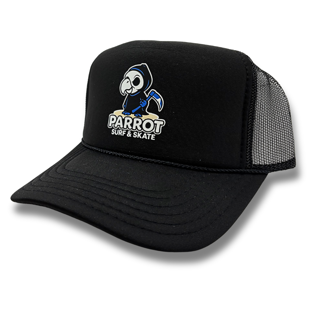 Parrot Reaper Trucker Hat with Parrot Surf & Skate Reaper graphic on foam front