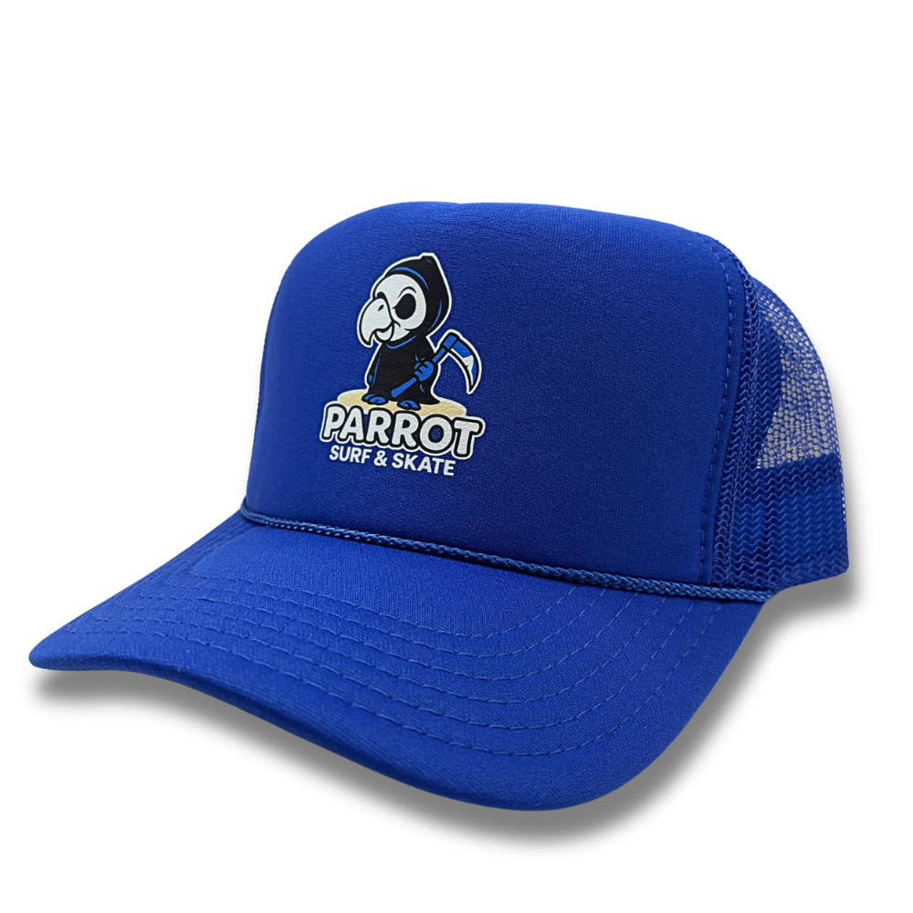 Parrot Reaper Trucker Hat with Parrot Surf & Skate Reaper graphic on foam front