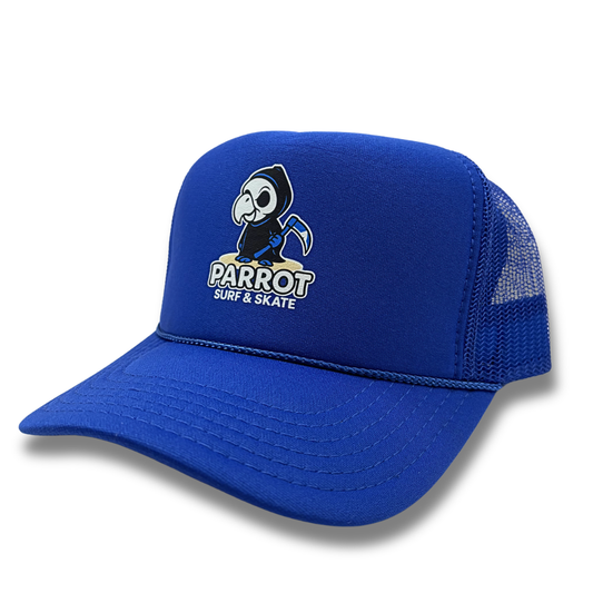 Parrot Reaper Trucker Hat with Parrot Surf & Skate Reaper graphic on foam front