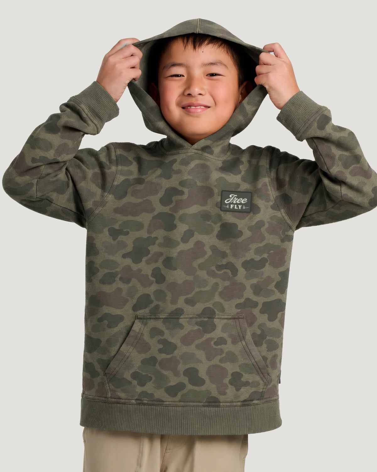 Free Fly Youth Camo Outfitters Fleece Hoodie Vintage Camo Oil Green front view