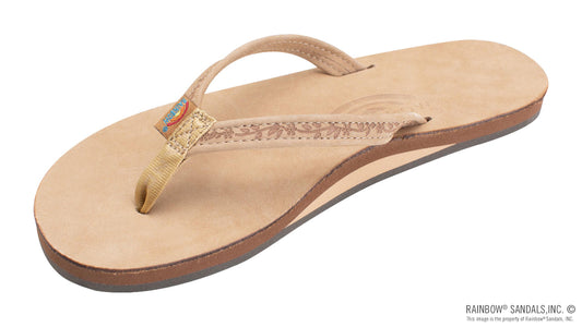 Close-up detail of Rainbow Las Flores floral strap and leather texture