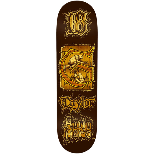 Anti Hero Grant Taylor Medieval 8.38" skateboard deck with gothic lettering and knight graphic built for street and park skating