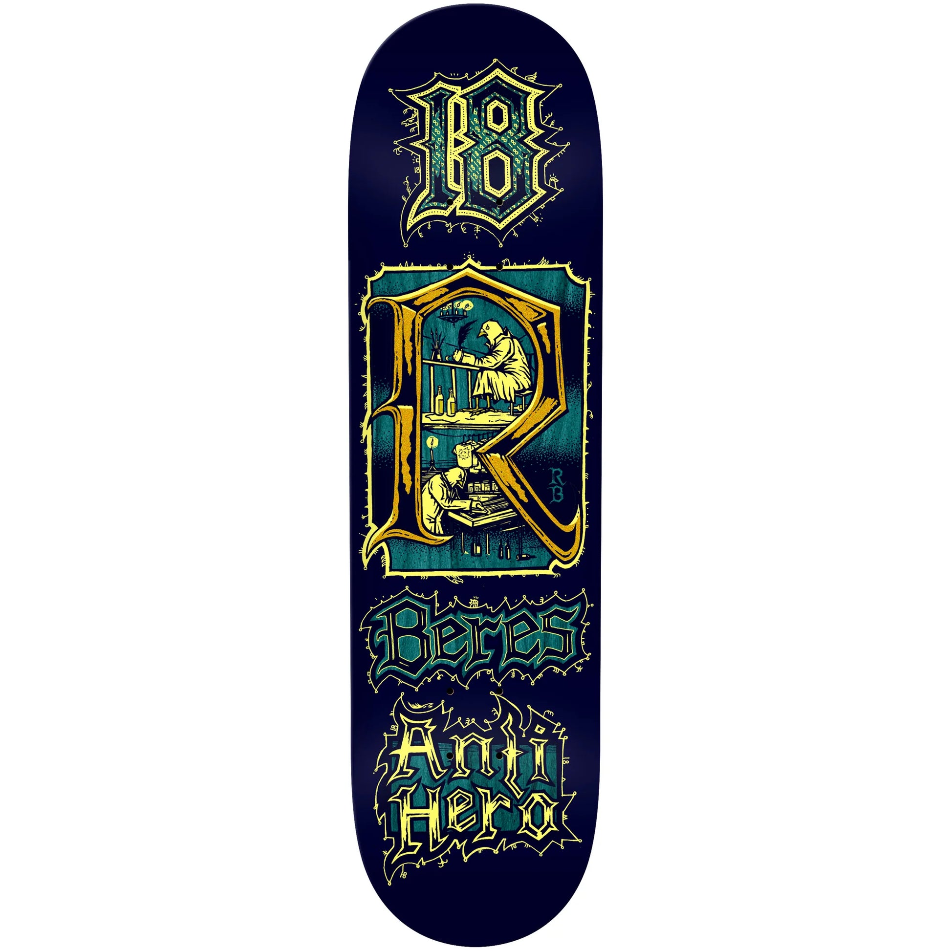 Anti Hero Raney Beres Medieval 8.5" skateboard deck with gothic lettering and monk graphic built for street, park and transition skating