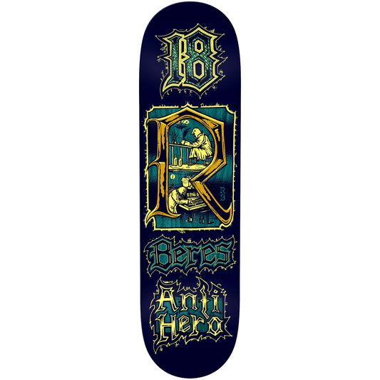 Anti Hero Raney Beres Medieval 8.5" skateboard deck with gothic lettering and monk graphic built for street, park and transition skating