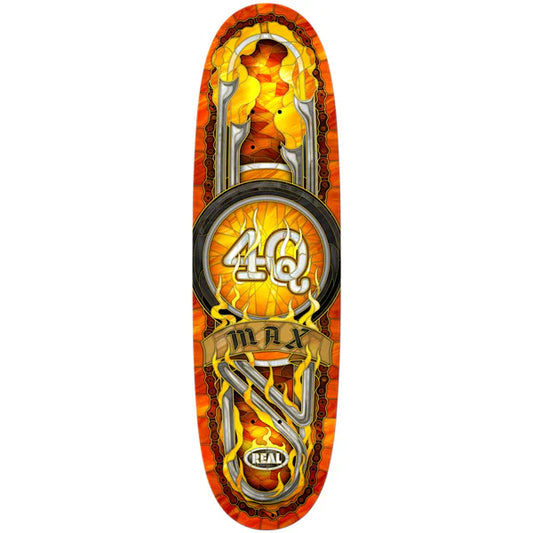Real Max Schaff 4Q Cathedral 9.1 skateboard deck with stained glass graphic built for transition and park skating