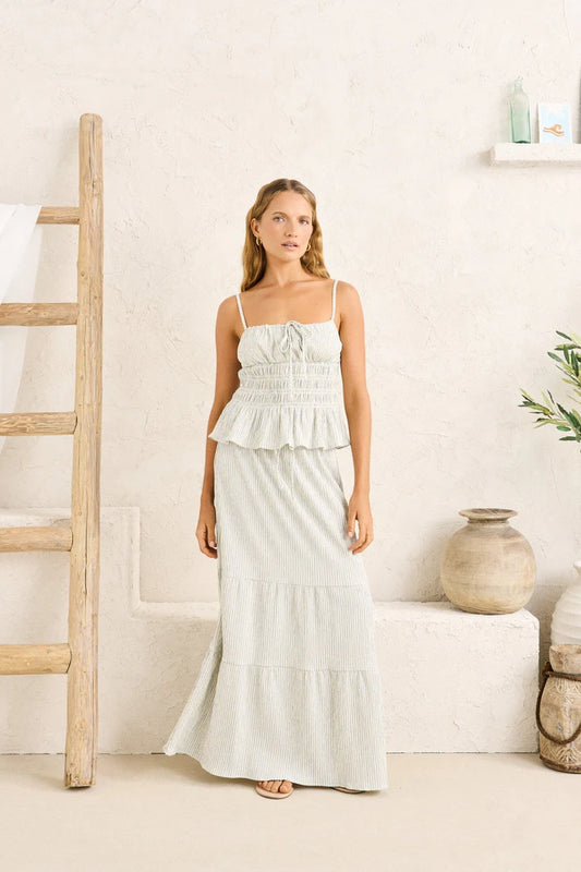 Rhythm Driftwood Stripe Ruffle Midi Skirt front view