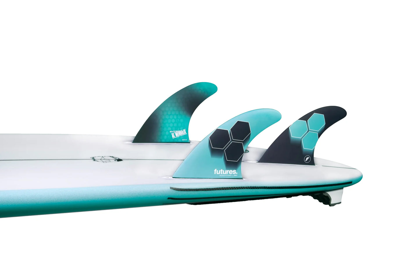 AM1 Honeycomb Tri Futures Fins installed on surfboard view