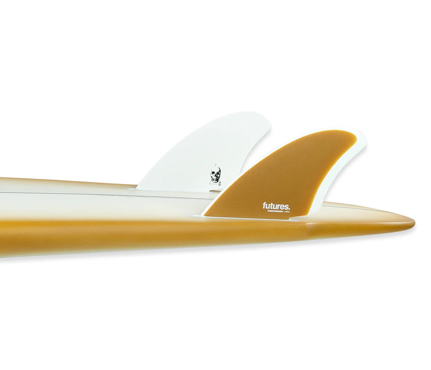Christenson Fiberglass Keel Futures Fins installed on surfboard view