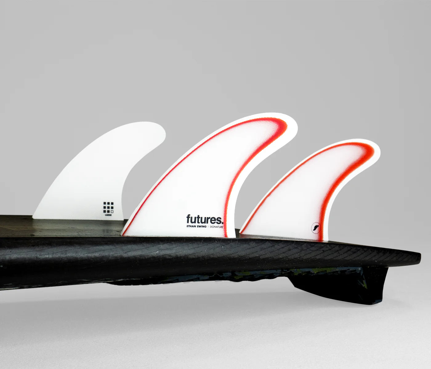 Ethan Ewing FG Tri L Futures Fins installed on surfboard view